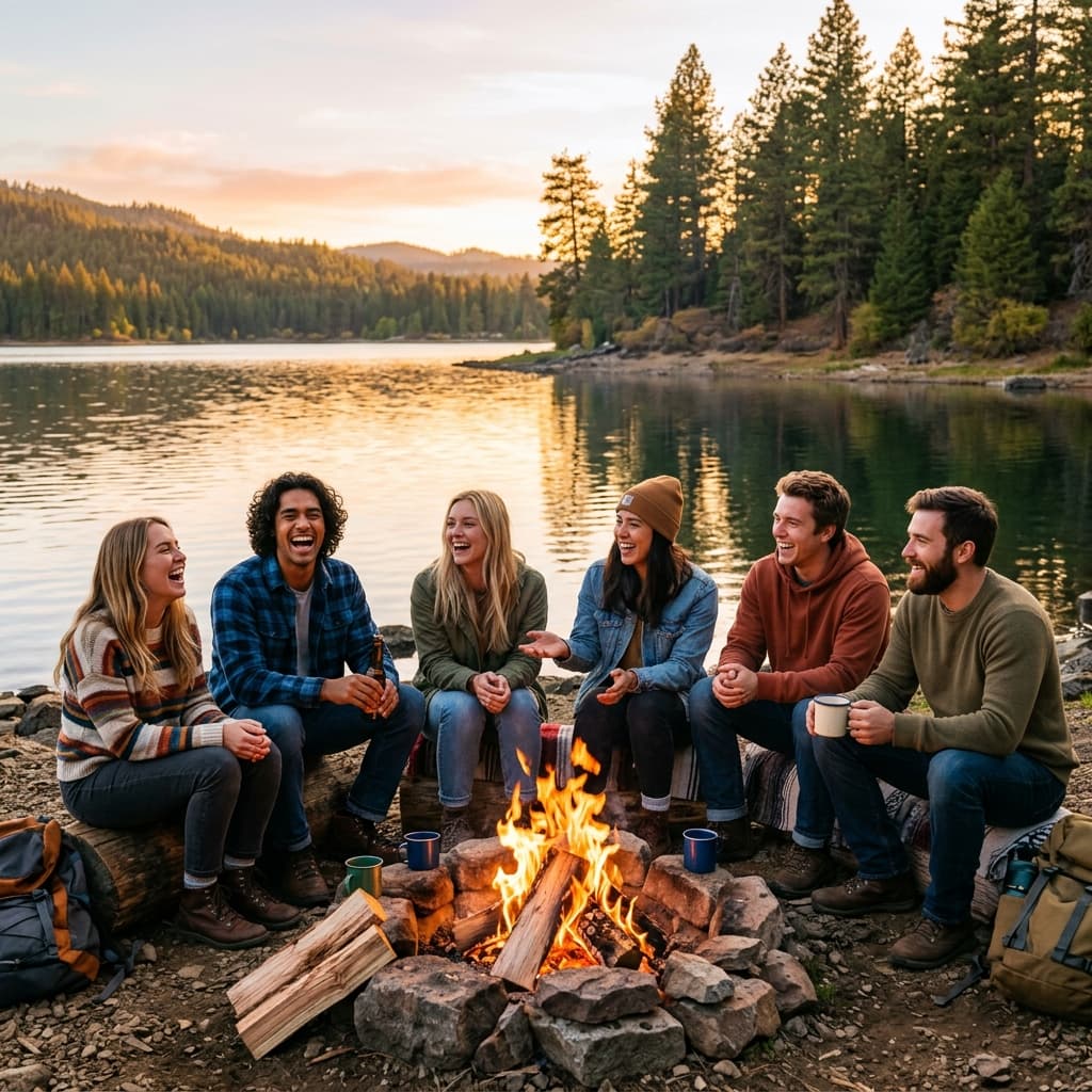 Friends laughing around a sunlit campfire near a lake