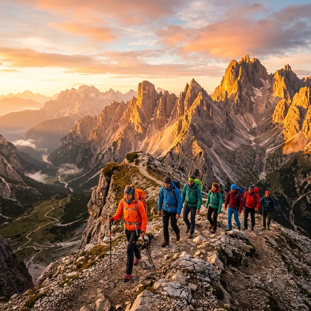Hikers on a mountain trail at sunrise