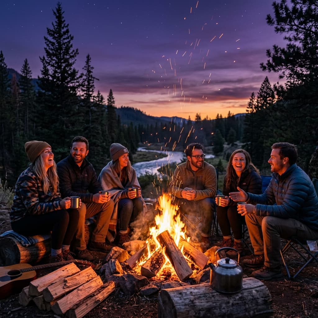 Campers gathered around a fire at dusk